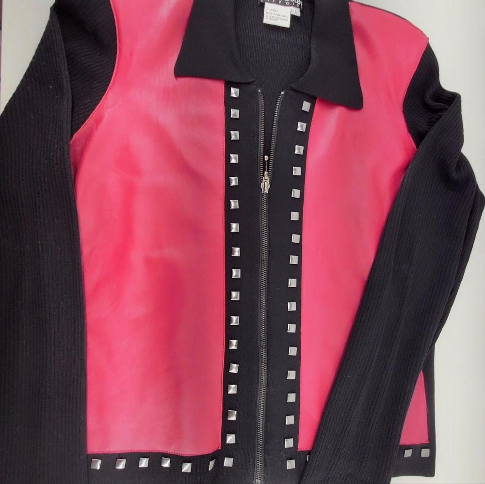 NANCY BOLEN CITY GIRL FULL LENGTH SWEATER WITH LEATHER LOOK FRONT. SZ. L  $75.00